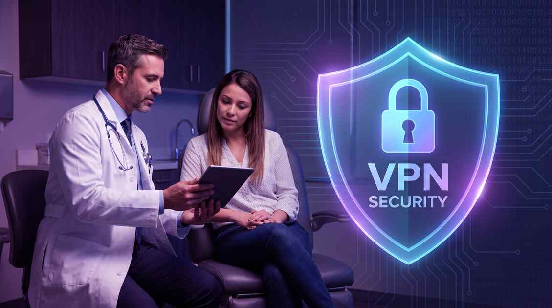 Professional physician in modern clinic using secure telemedicine with VPN protection shield
