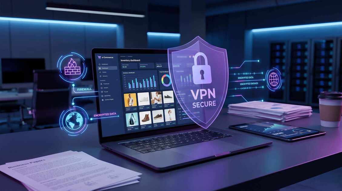 E-commerce seller protecting inventory and business data with VPN encryption shield