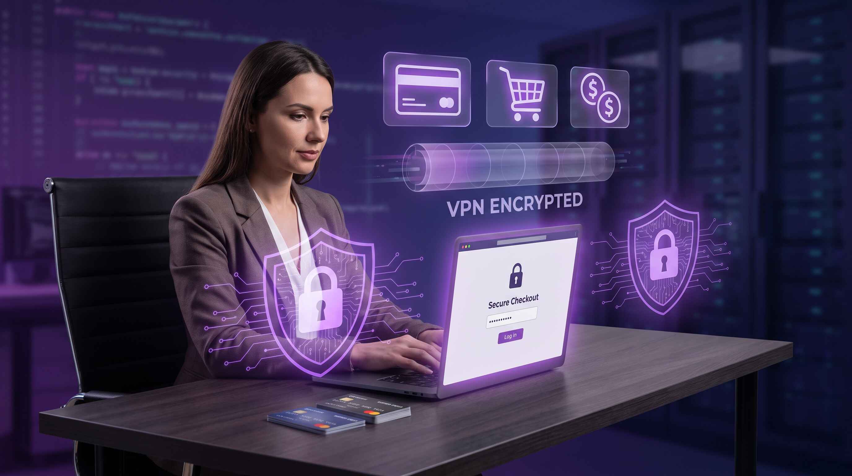 E-commerce store owner protecting customer payment data and online store with VPN security shield