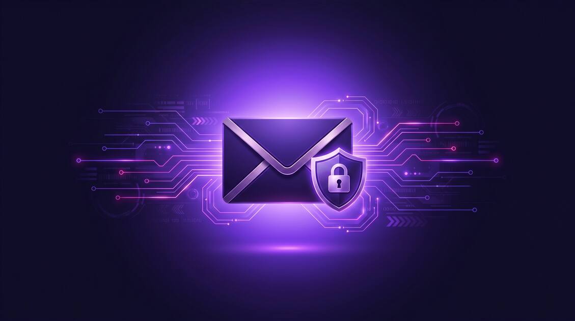 Email inbox protected by VPN with security shield and encrypted envelope icon
