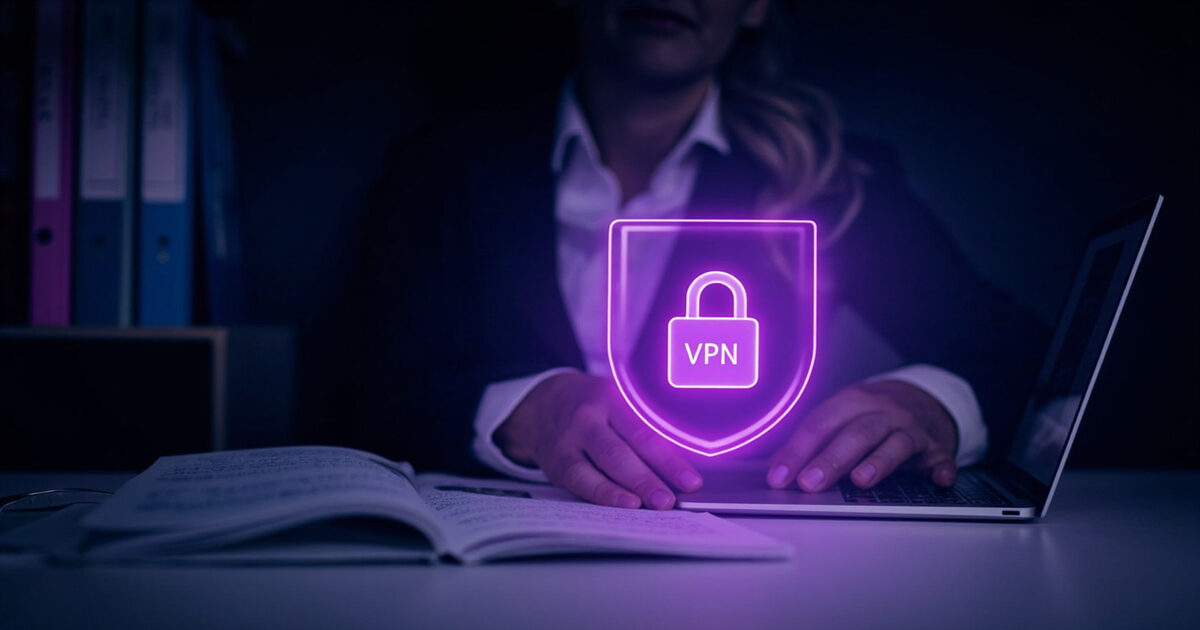 Estate planner at desk with laptop showing VPN security shield protecting client wealth and inheritance documents
