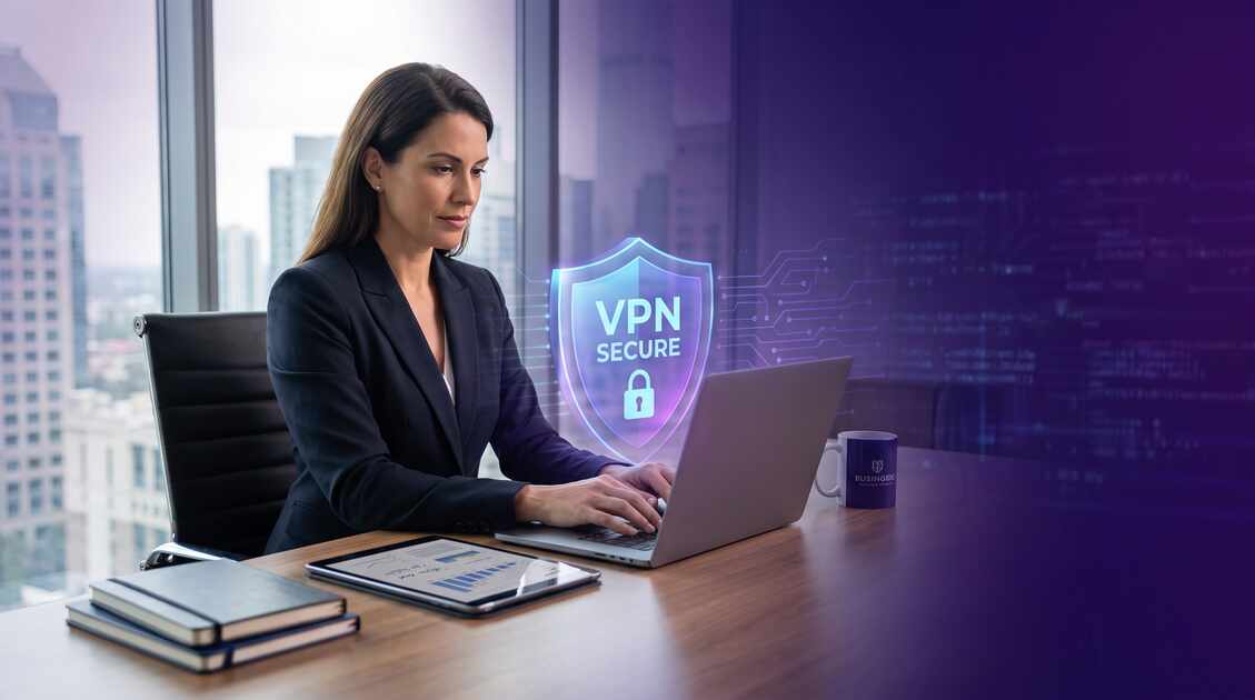 Professional executive coach in modern office with laptop protected by VPN security shield displaying confidential coaching notes