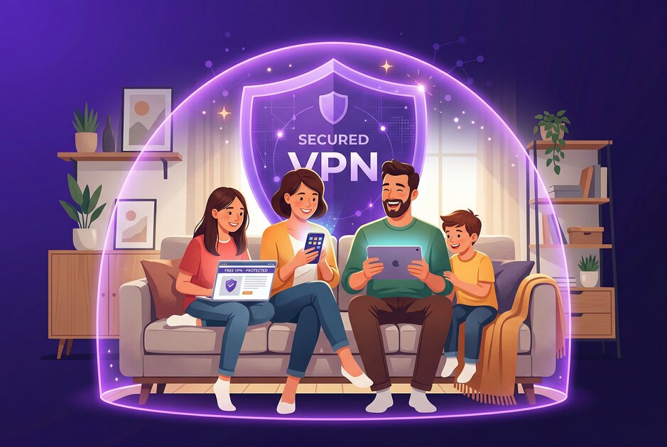 Happy family using secure internet together with VPN protection on all devices