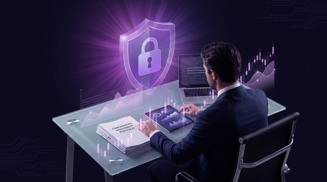 Professional financial advisor protecting client investment portfolios with VPN security shield, financial data encryption