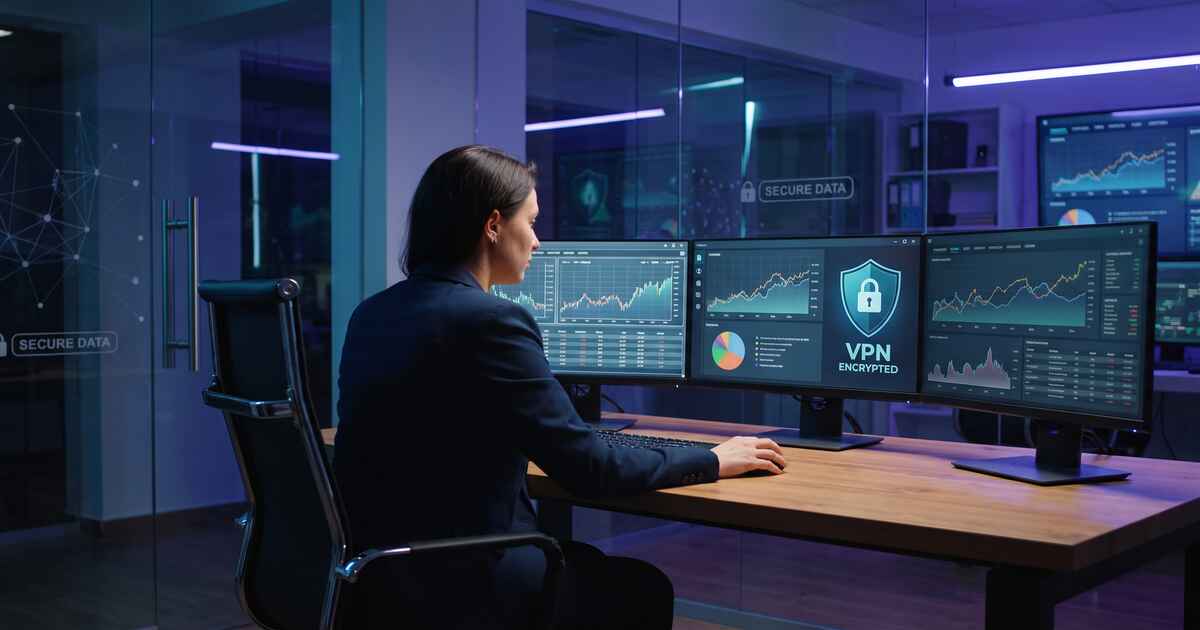 Financial advisor at desktop workstation with secure VPN connection protecting client investment accounts and financial data
