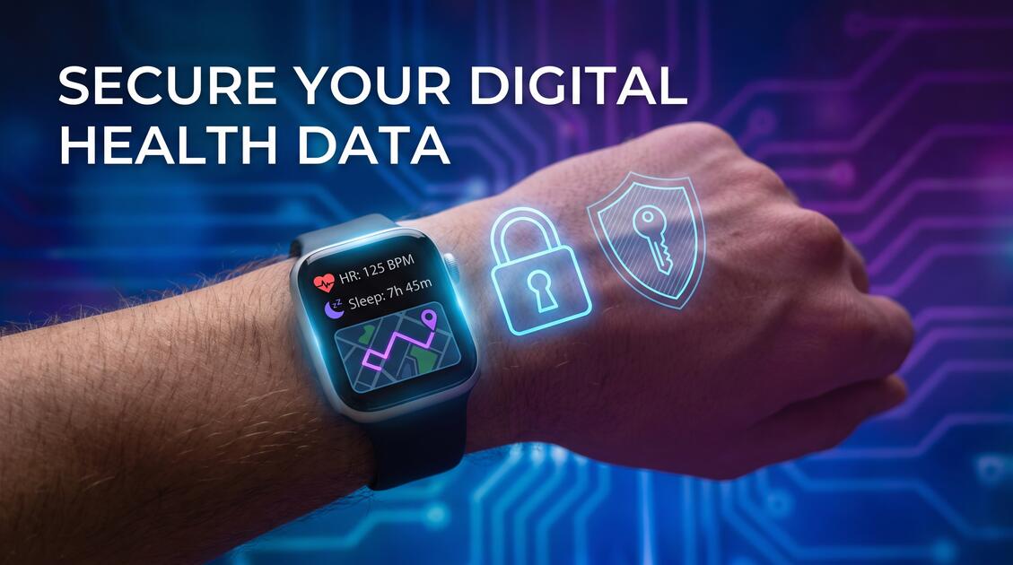 Person wearing smartwatch with health and privacy protection visualization