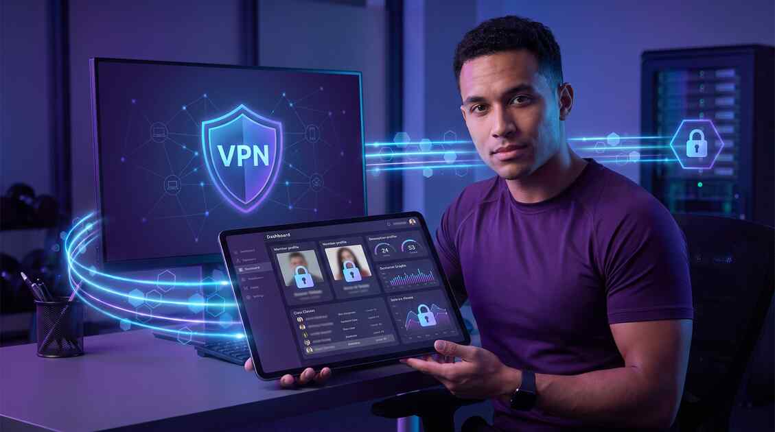 Fitness trainer or gym owner protecting member data and biometric records with VPN security shield