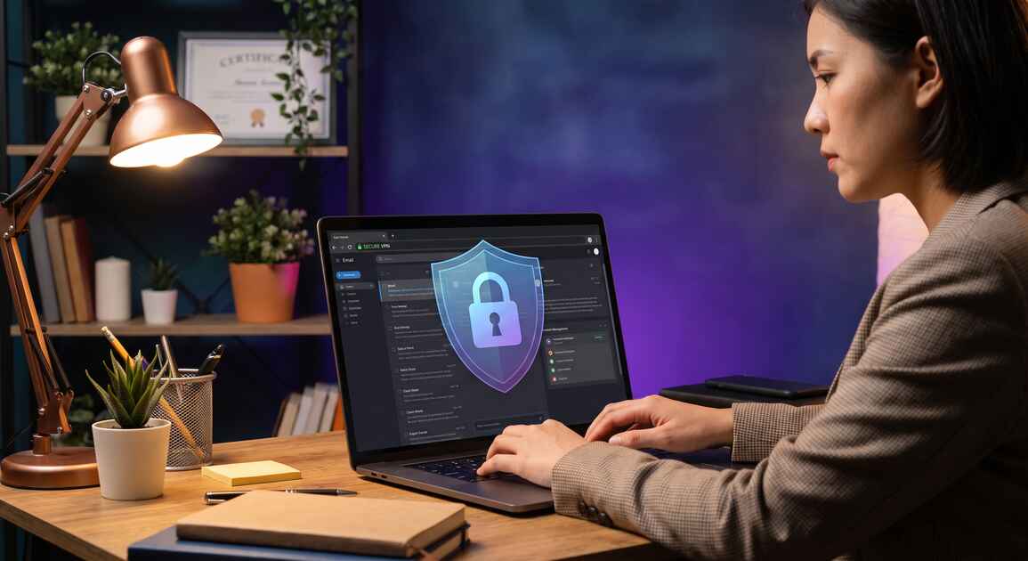 Freelancer at home office with laptop protected by VPN security shield and client communications secured