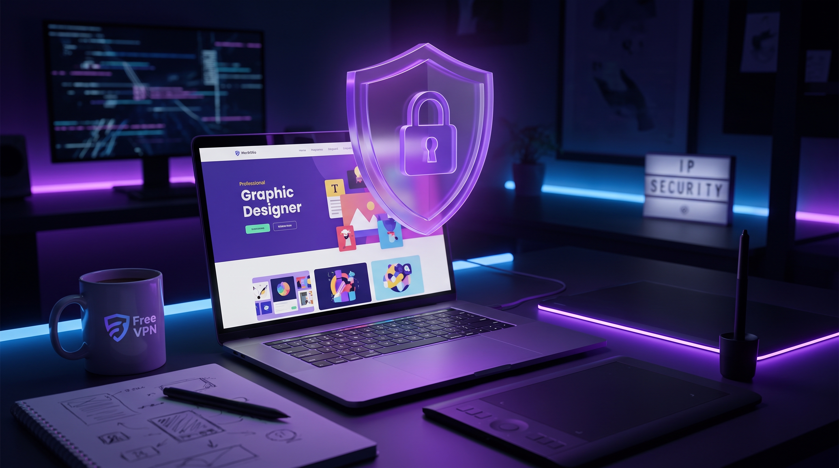 Graphic designer protecting portfolio and creative files with VPN security shield