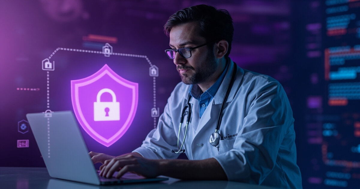 Healthcare professional with laptop and VPN security shield protecting patient medical records and confidential health data