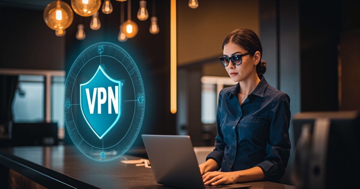 Hotel staff member at front desk with VPN security shield protecting guest data and personal privacy