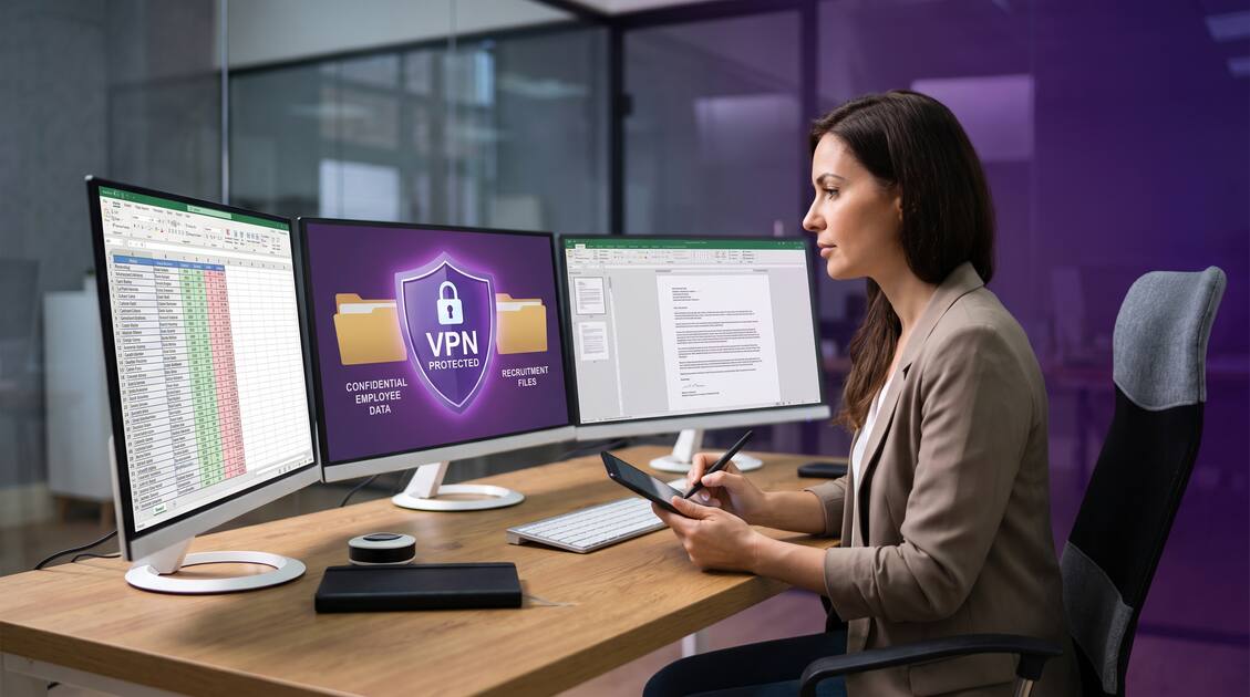 HR professional at desk with employee records protected by VPN shield on dark purple background