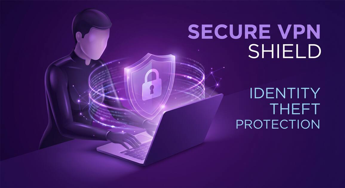 Person protecting personal data from identity theft with VPN shield and digital security