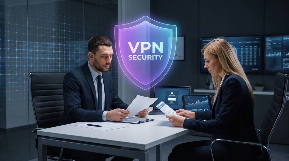 Professional insurance agent at desk with VPN security shield protecting client policy data and insurance information