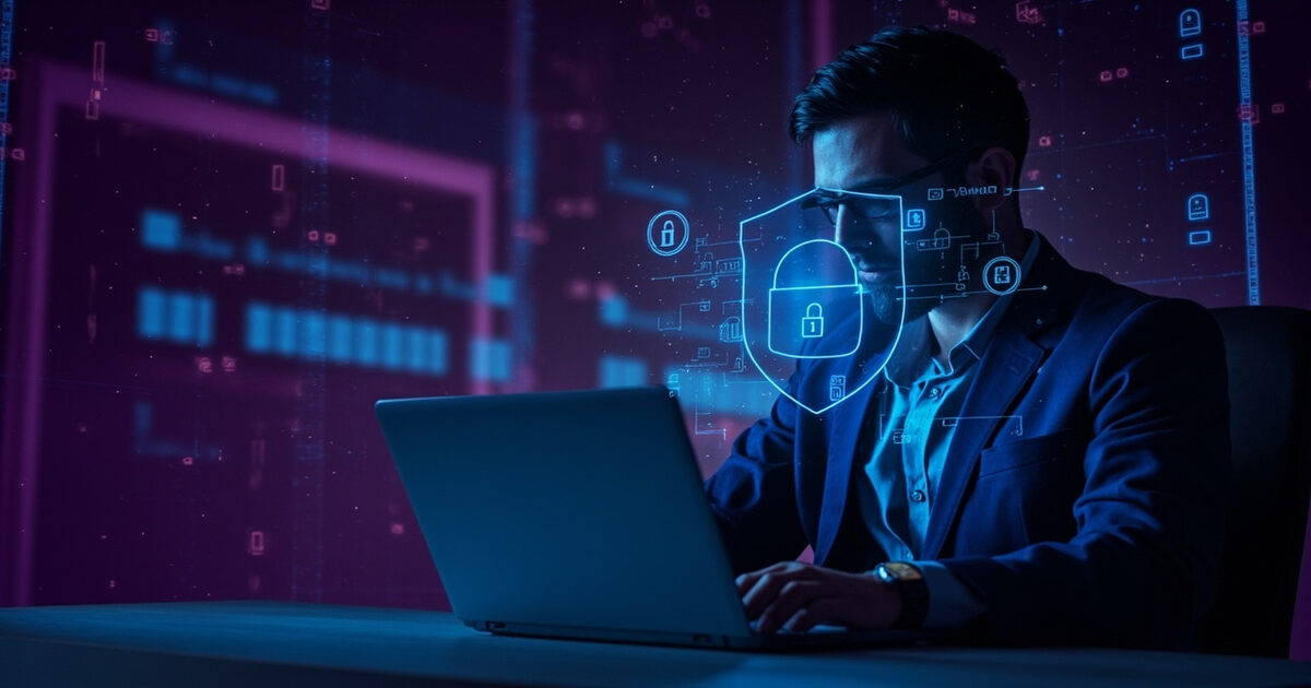 IT system administrator at desk with laptop showing VPN security shield protecting infrastructure and admin credentials