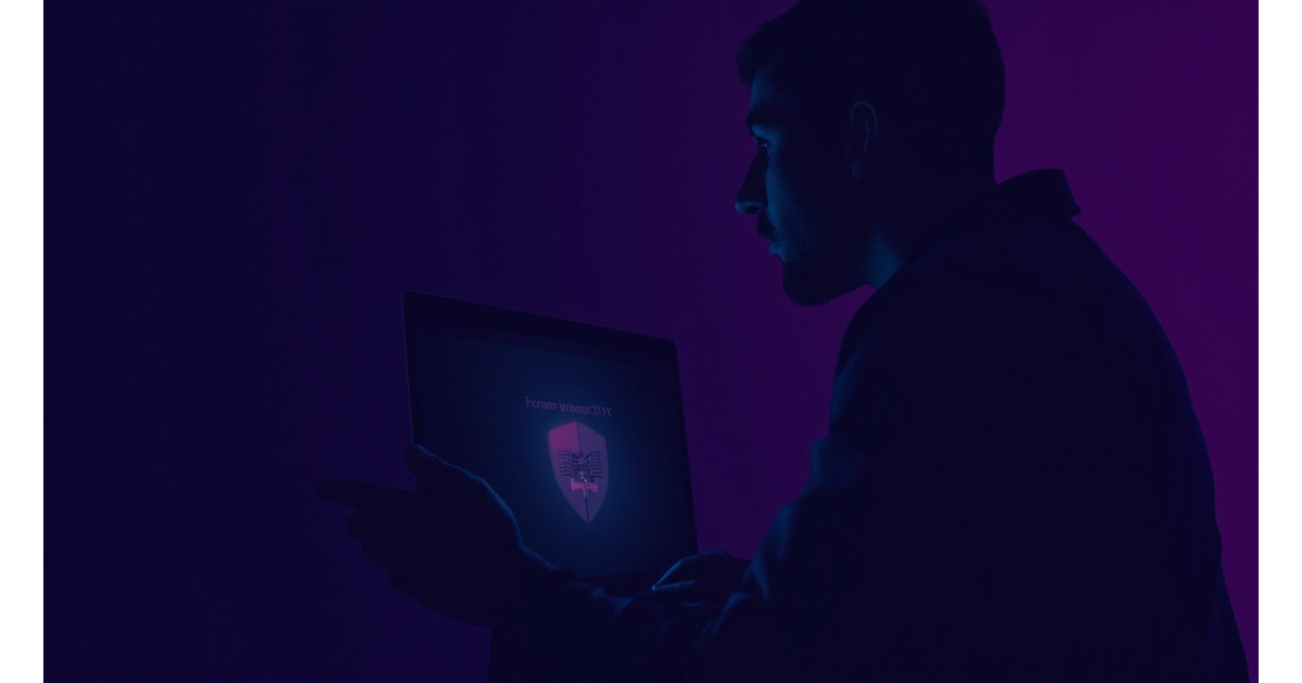 Journalist with laptop and VPN security shield protecting confidential sources and press freedom