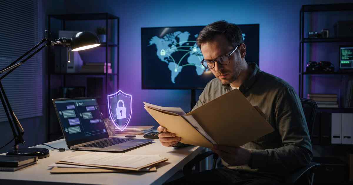 Investigative journalist reviewing confidential sources with VPN security shield protecting investigation materials