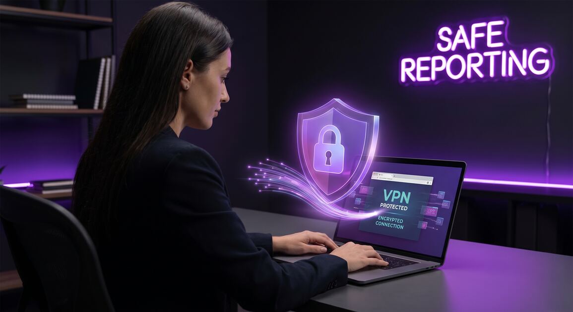 Journalist reporter using encrypted VPN connection to securely report news