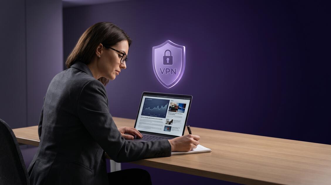 Journalist at desk researching with VPN protection shield on secure computer