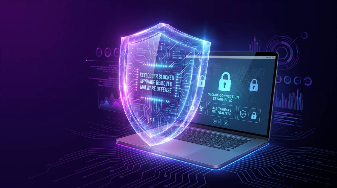 Digital shield protecting computer from keyloggers, spyware and malware with VPN encryption