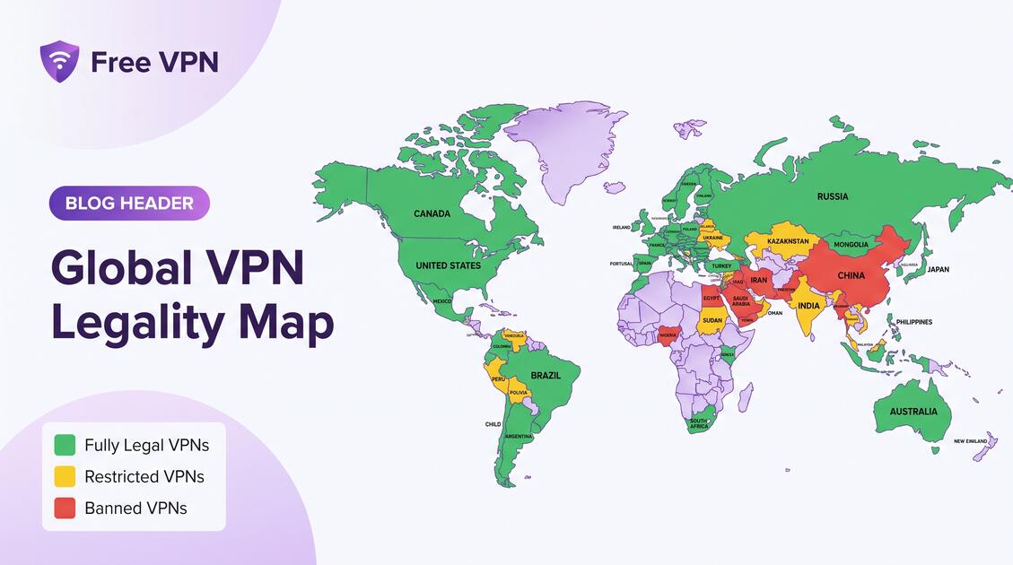 World map showing VPN legality by country with color-coded regions