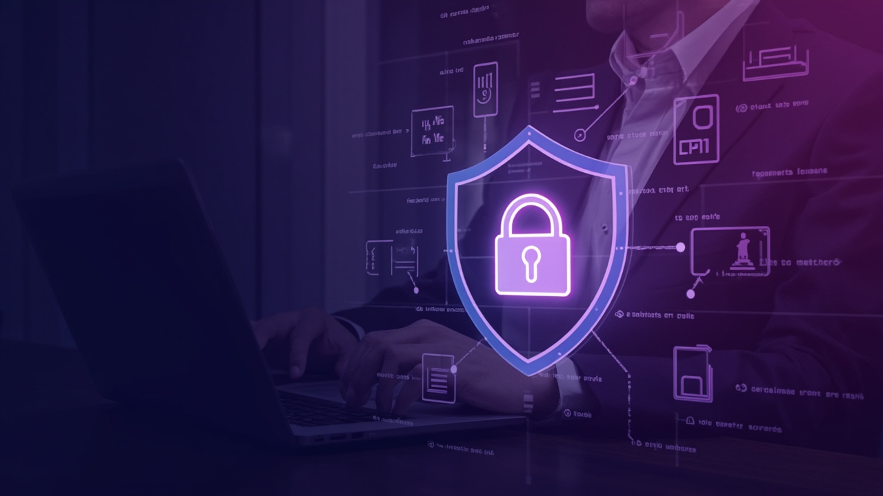 Attorney using laptop with VPN security shield protecting confidential client files and legal documents