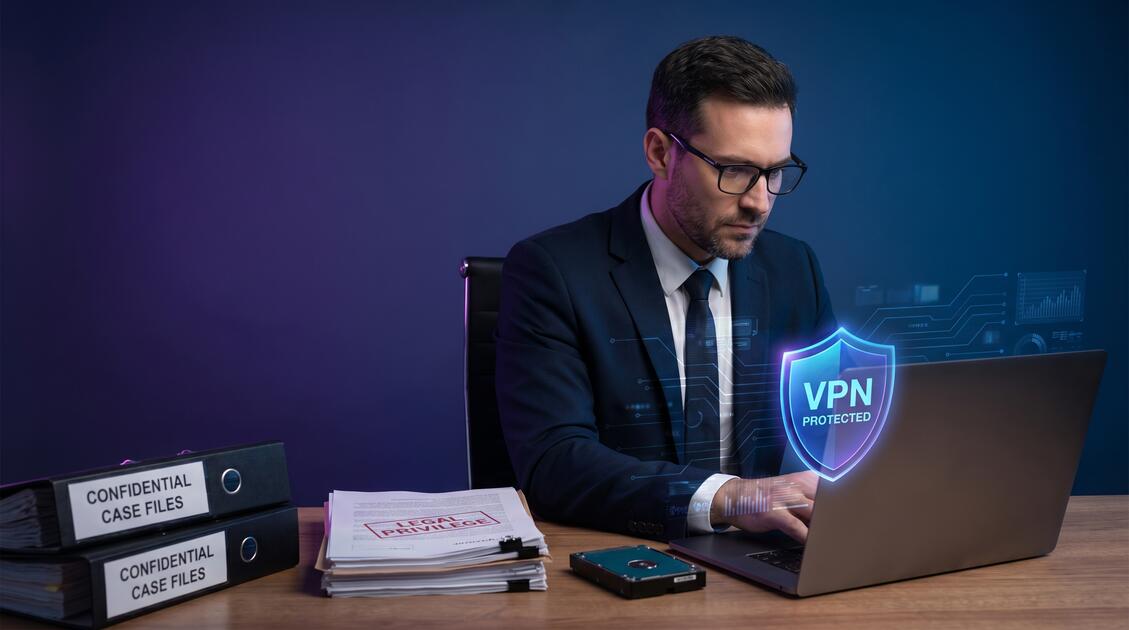 Lawyer using laptop protected by VPN shield for confidential case files and client data security
