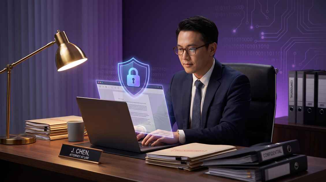 Professional attorney at desk reviewing confidential case files protected by VPN security shield