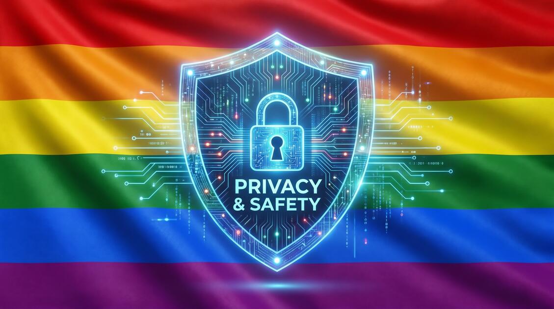 LGBTQ+ pride flag with security shield representing digital safety and privacy protection