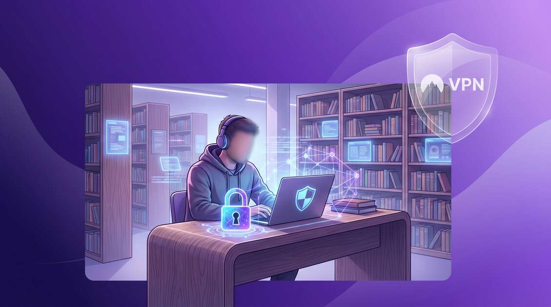 Person using laptop in library with VPN protection shield for anonymous research and reading privacy
