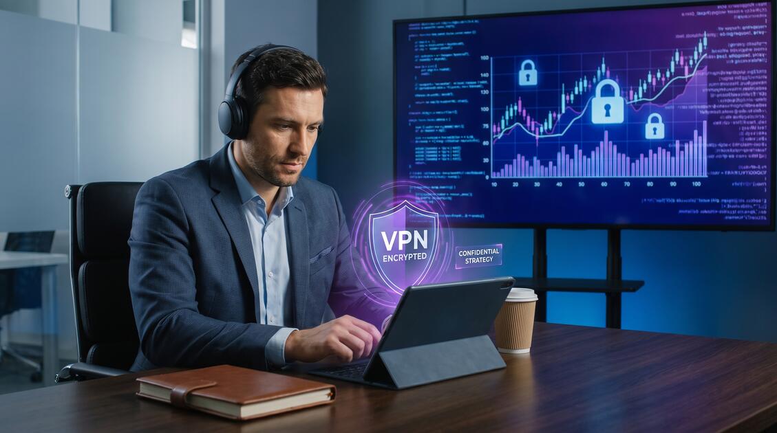 Management consultant reviewing confidential strategy document with VPN security shield protecting business intelligence data