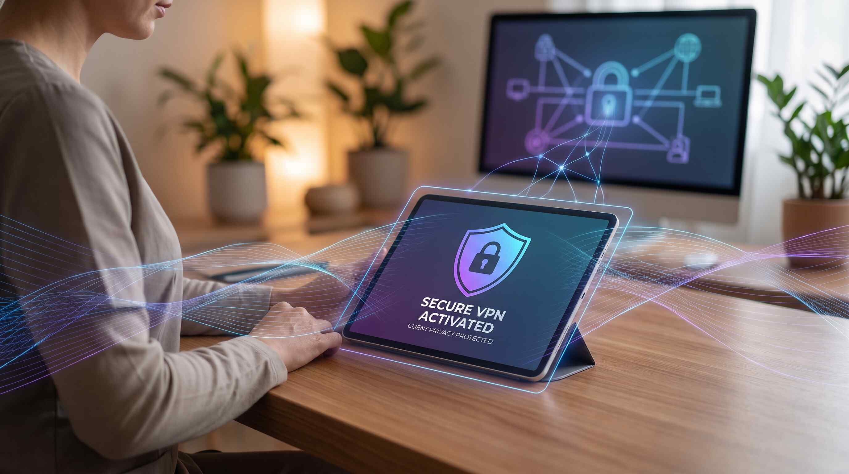 Wellness practitioner using secure VPN on tablet while protecting client health data