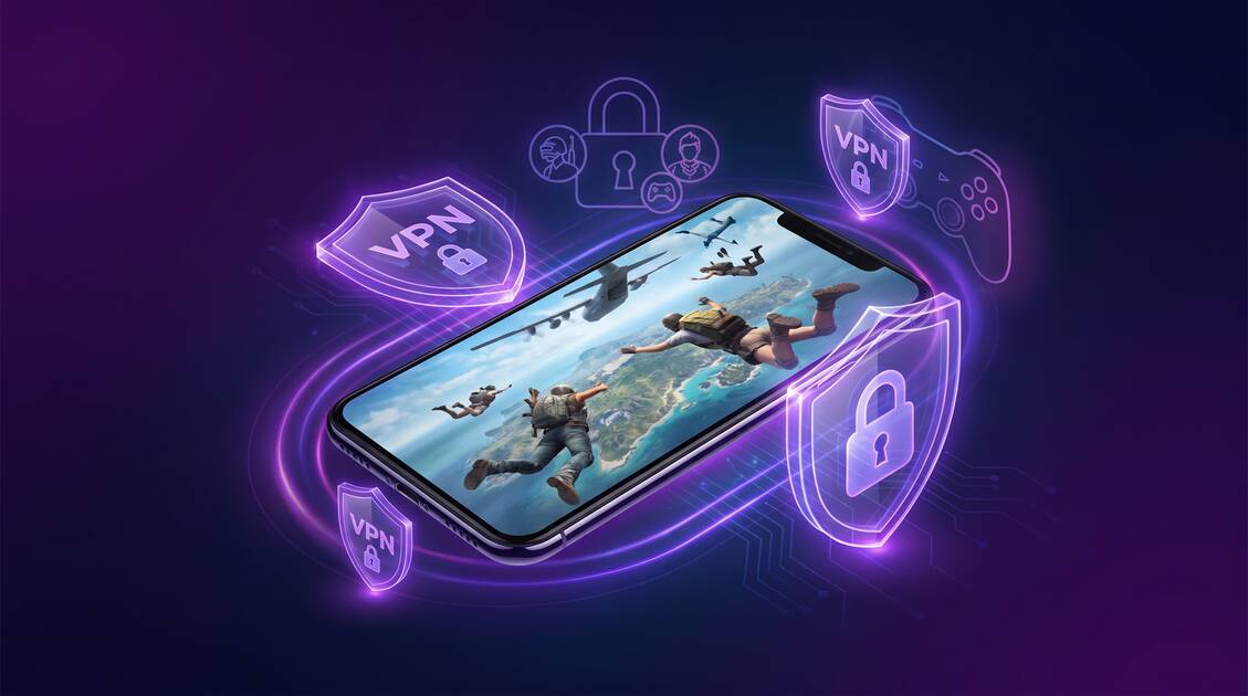 Mobile gaming phone with VPN security shield protecting game accounts
