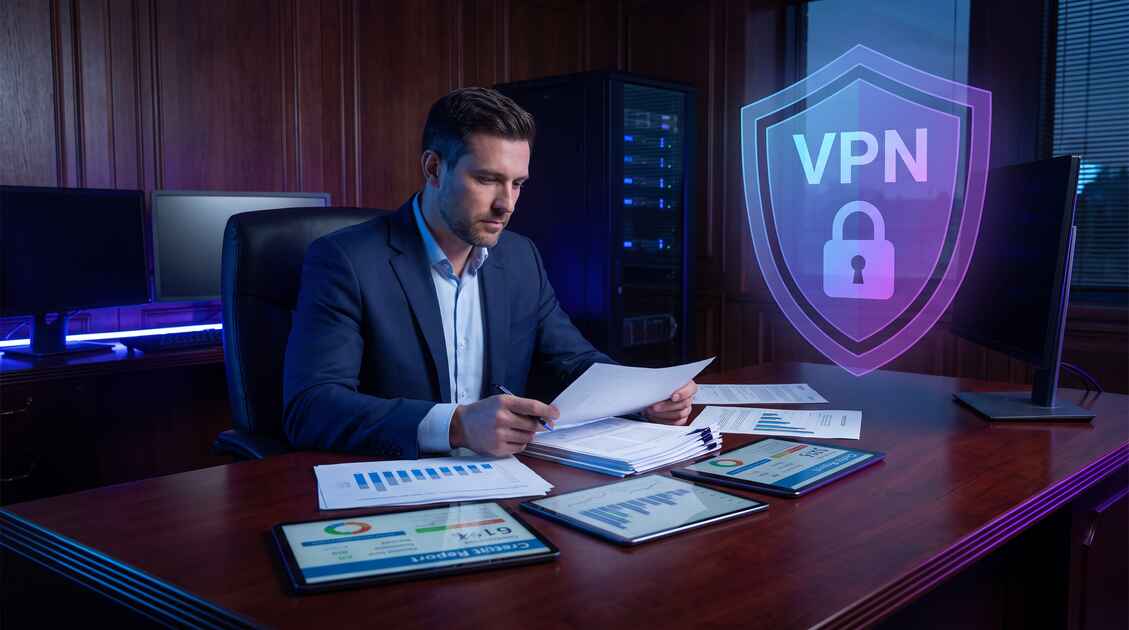 Mortgage broker reviewing client financial documents with VPN security protection shield