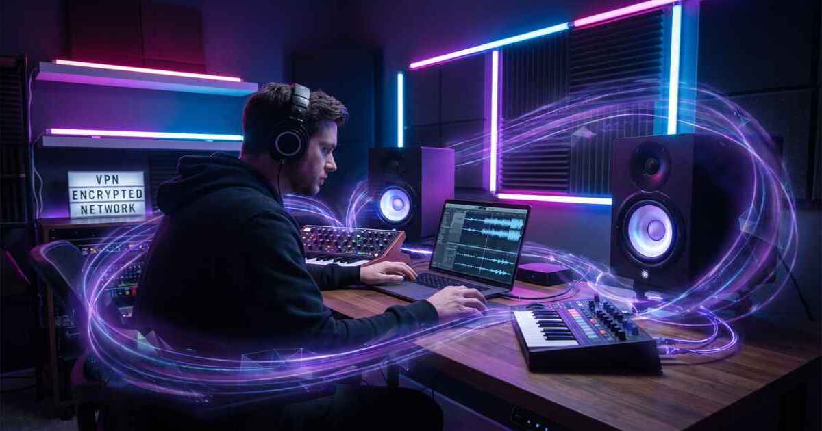 Music producer at studio equipment with VPN protection for master recordings and production files