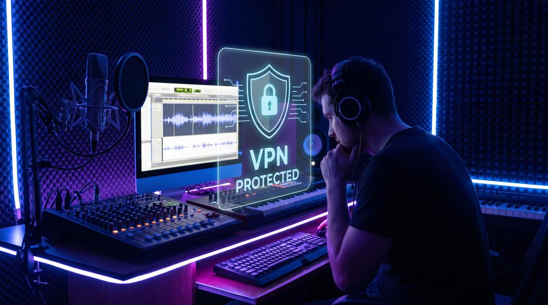 Music producer at recording studio with VPN security protection