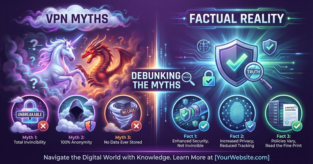 Mythical creatures and truth symbols representing VPN myths versus reality