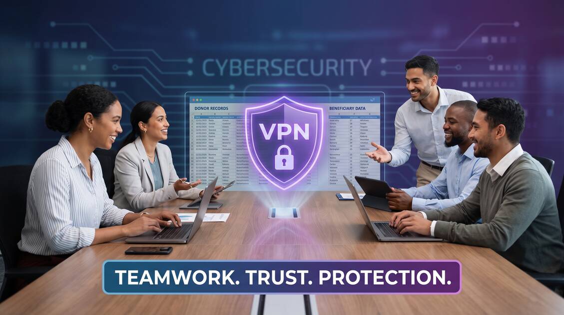 Nonprofit team working together with VPN security shield protecting donor and beneficiary data