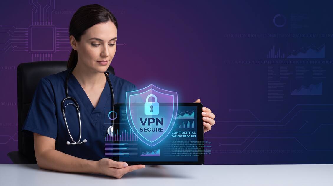 Nurse using tablet with VPN protection shield securing patient health records on dark purple gradient background