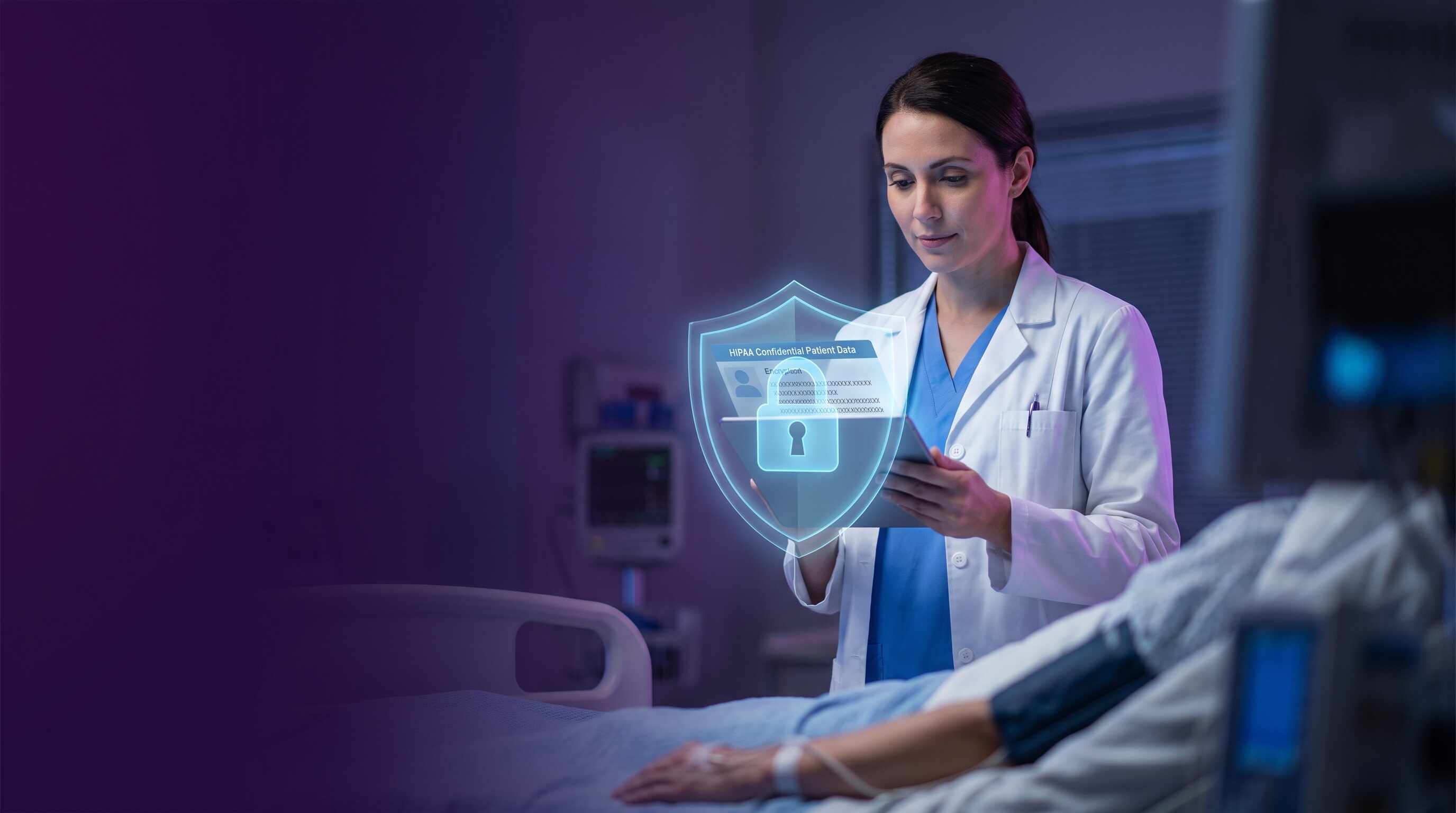 Professional nurse at bedside with mobile device protected by VPN security shield displaying patient care data