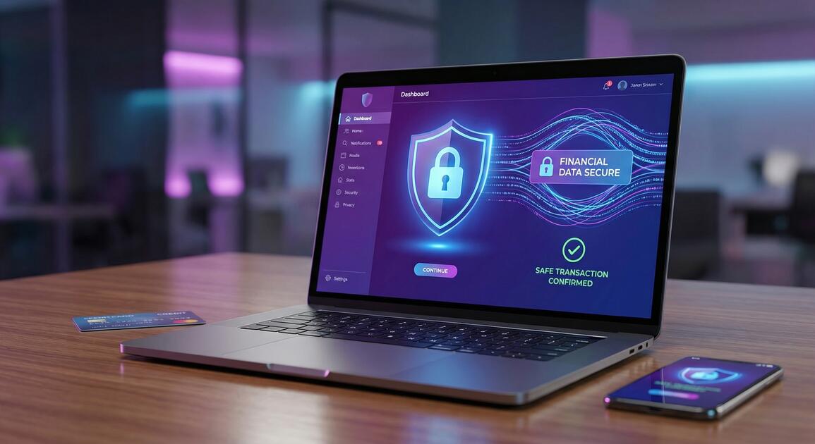 Secure online banking laptop with VPN protection and financial data encryption