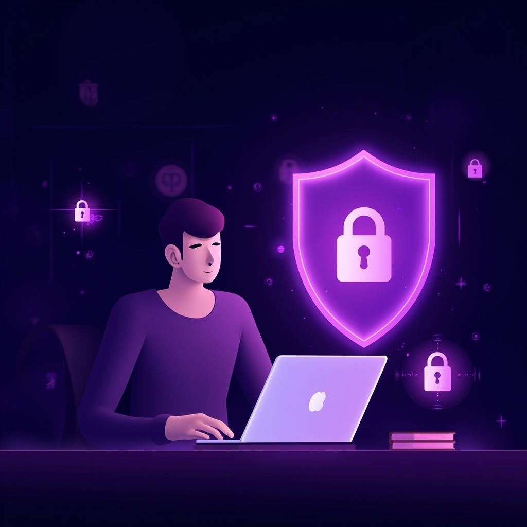 Shopper using laptop with VPN protection while shopping online