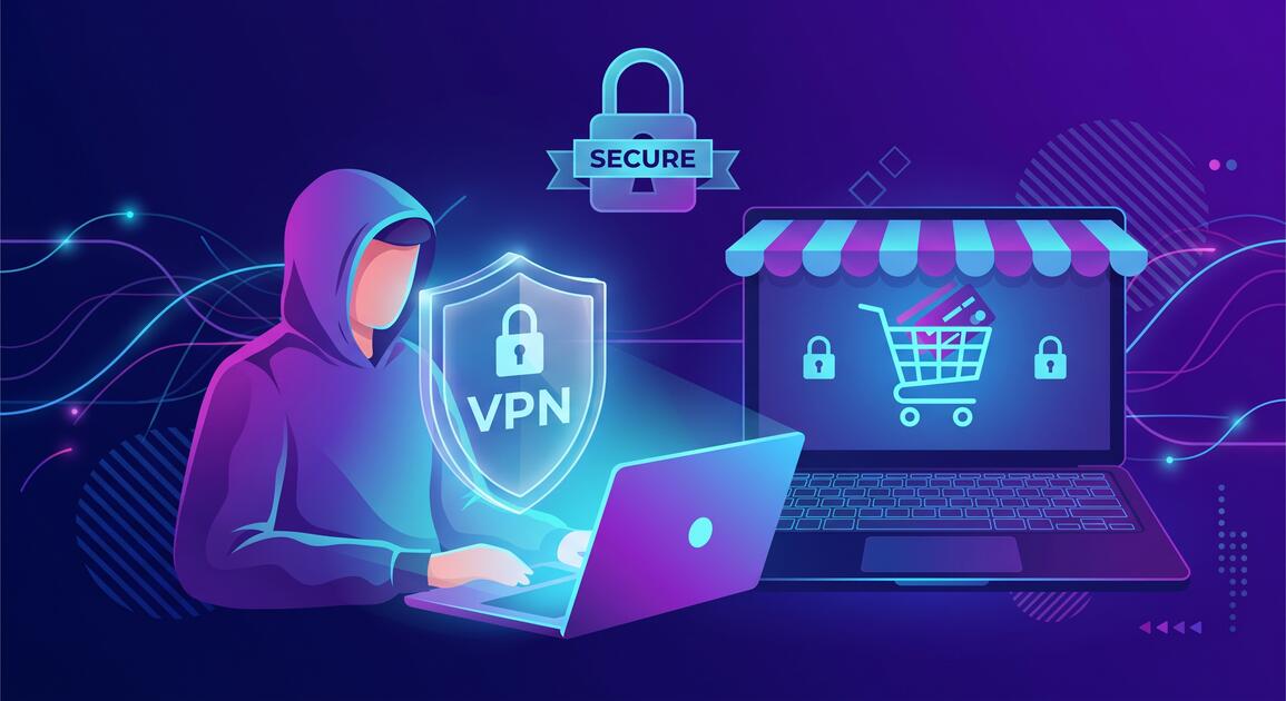 Person securely shopping online with VPN protection, credit card safe
