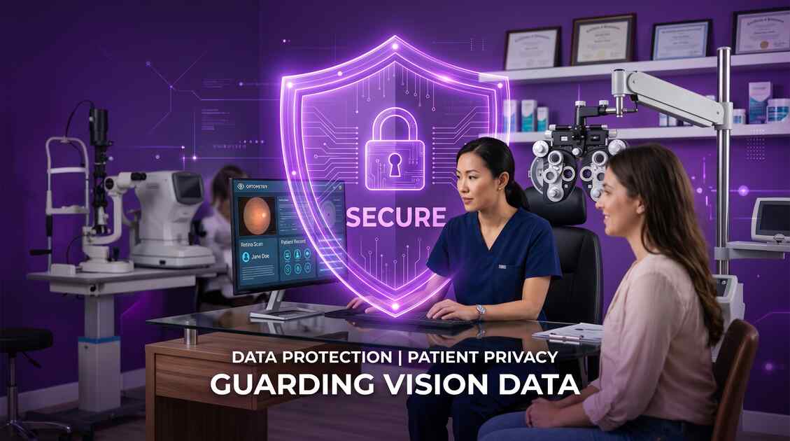 Optometrist at eye care practice with VPN protection shield securing patient vision data and prescriptions