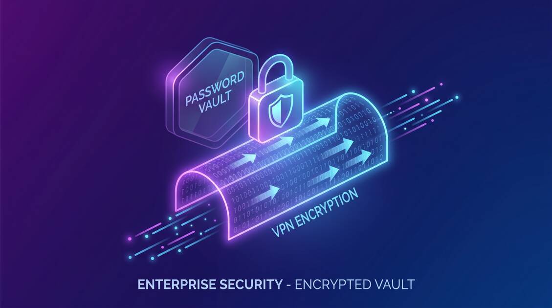 Password manager protected by VPN encryption shield with secure credentials