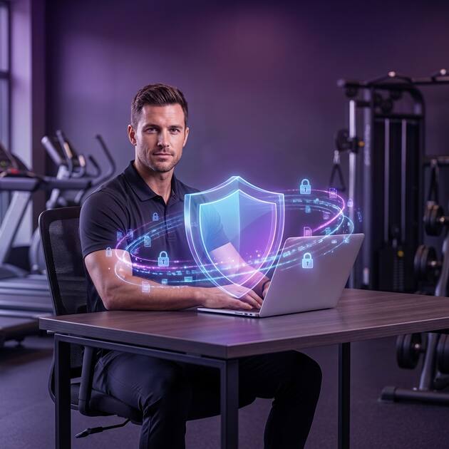 Personal trainer with laptop and VPN shield protecting client fitness data on gym background