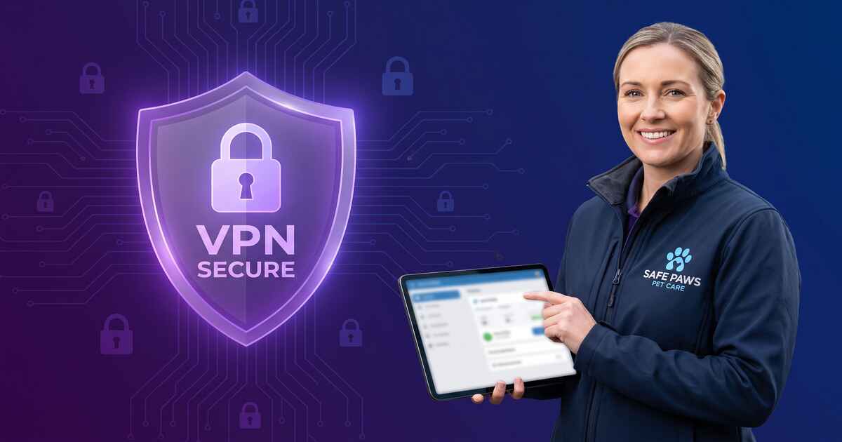 Pet sitter securely managing client information and pet care data with VPN protection shield