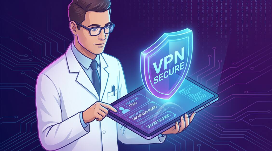 Pharmacist protecting prescription data with VPN encryption shield on dark background