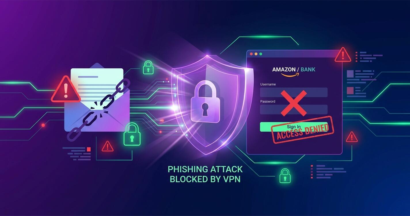 Phishing email warning with VPN protection shield blocking malicious login page