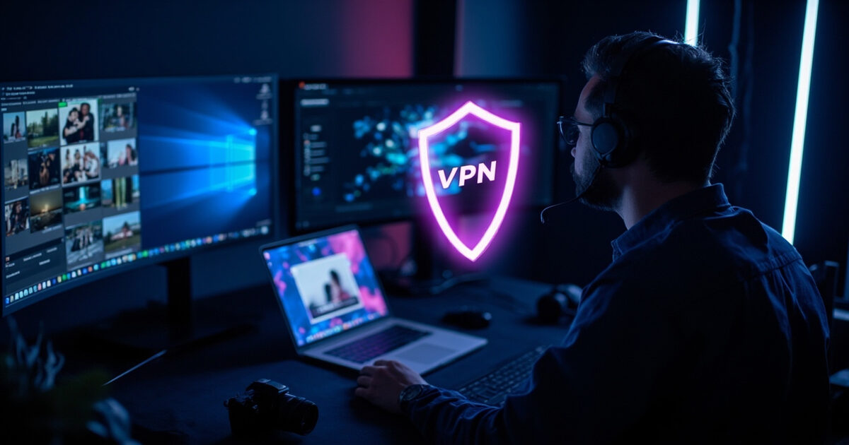 Professional photographer at workstation with VPN security shield protecting portfolio and client images